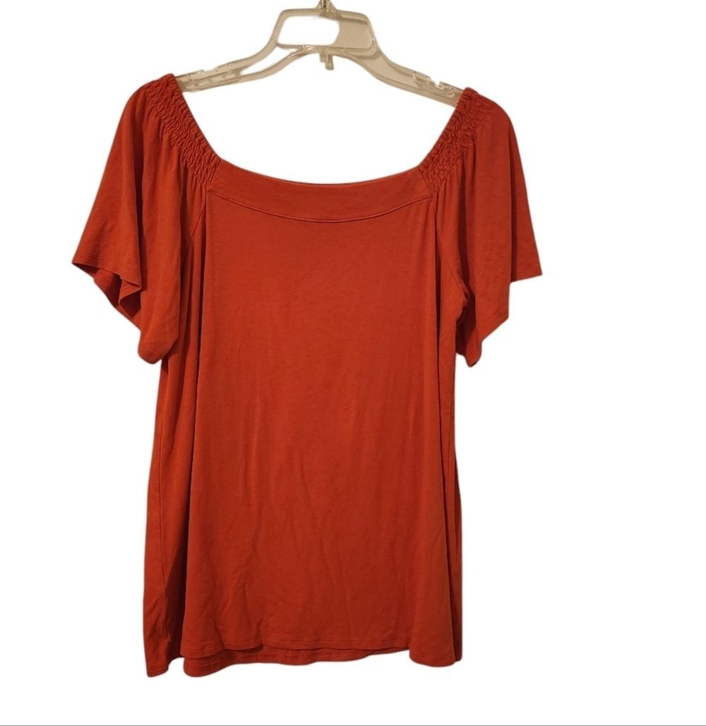J. Jill Wearever Square Neck Red Orange Top M Flutter Sleeves Relaxed Fit Travel